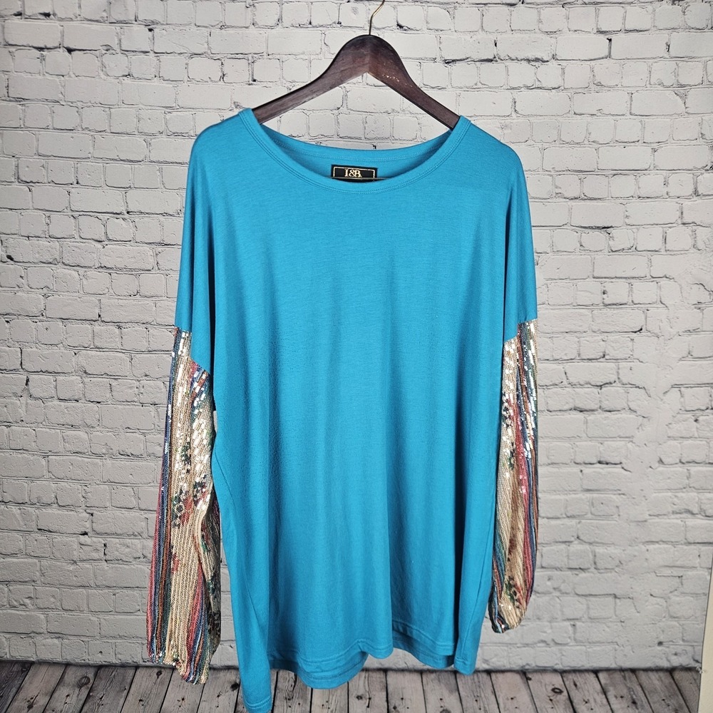 Lucky & Blessed Women's Teal Blue Sequin Long Sleeve Top Southwestern Stripe Lg‎